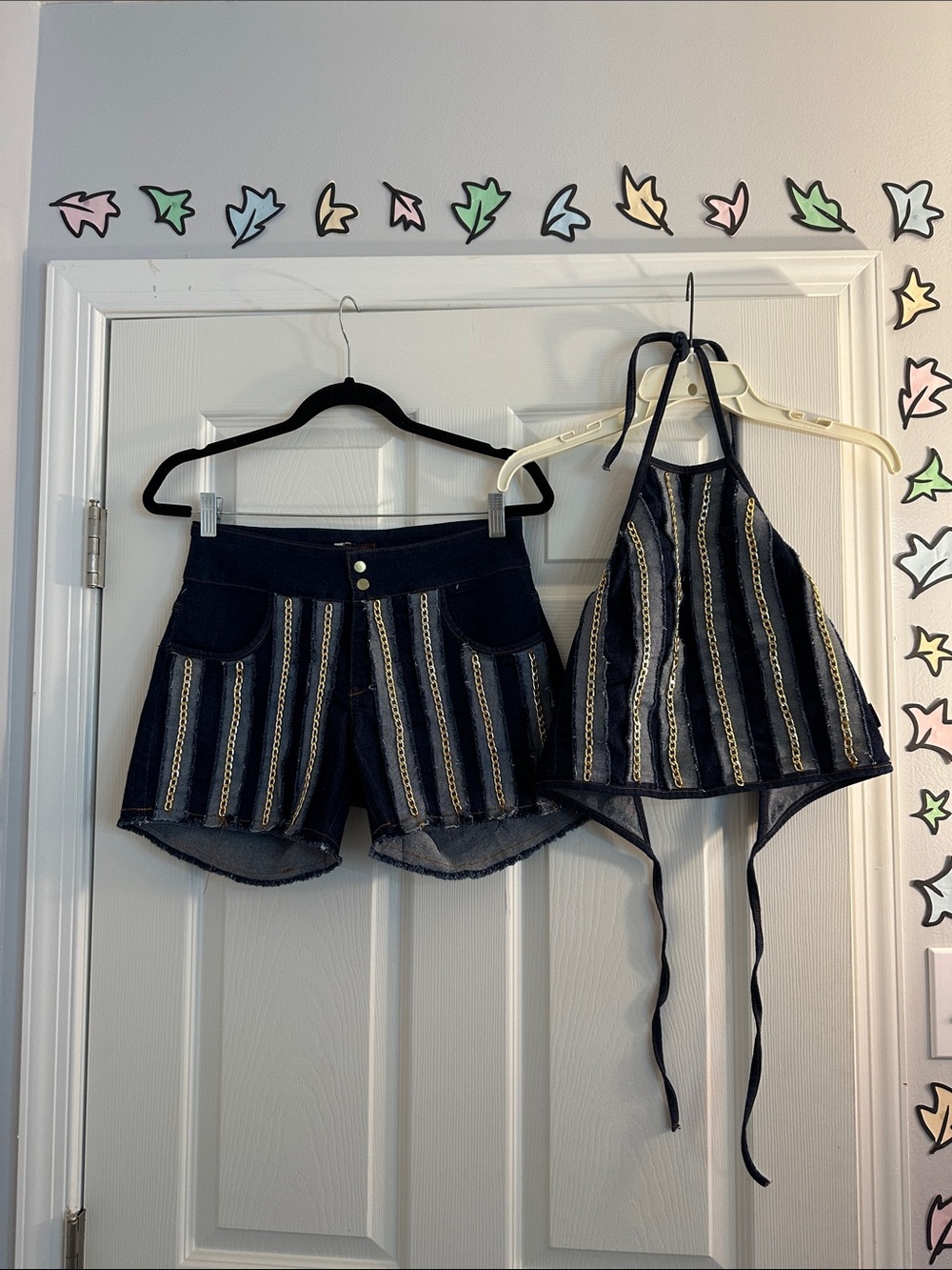Navy Striped Denim Halter Top & Shorts Set